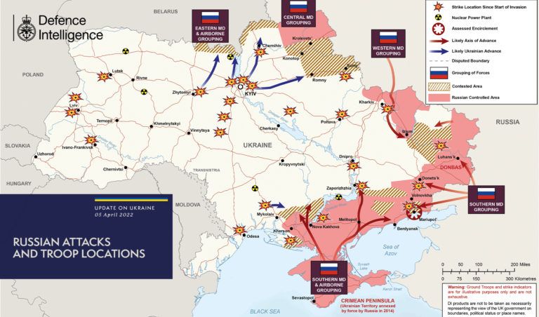 Як би не спустошували часом новини, необхідно рухатись далі заради тих, кого ми любимо. Окупанти підуть за своїм кораблем, а ми - до перемоги. Однак робити нам це потрібно обережно. Тому Генштаб ЗСУ надає всю необхідну оперативну інформацію про те, де точаться зараз бої та у яких місцях поки може бути небезпечно станом на 6 квітня. Міністерство оборони Великої Британії традиційно публікує у своєму Twitter карту бойових дій в Україні. Карта бойових дій в Україні станом на 6 квітня Оперативна обстановка в Україні станом на 6 квітня 2022 року